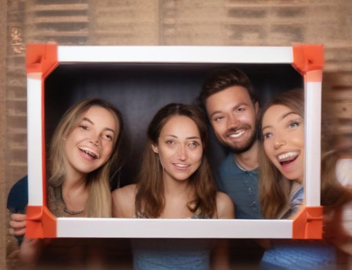 A group of friends interacts with state-of-the-art photo booth technology