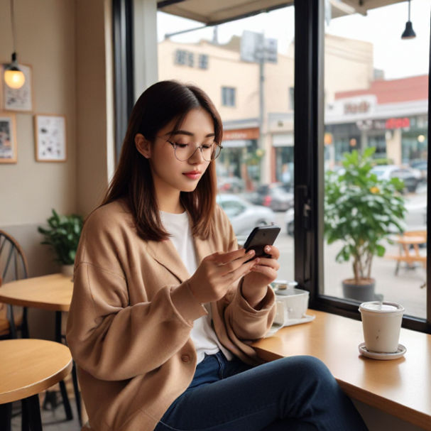 A person sitting in a cozy cafe, reading a webtoon on their smartphone with a coffee.