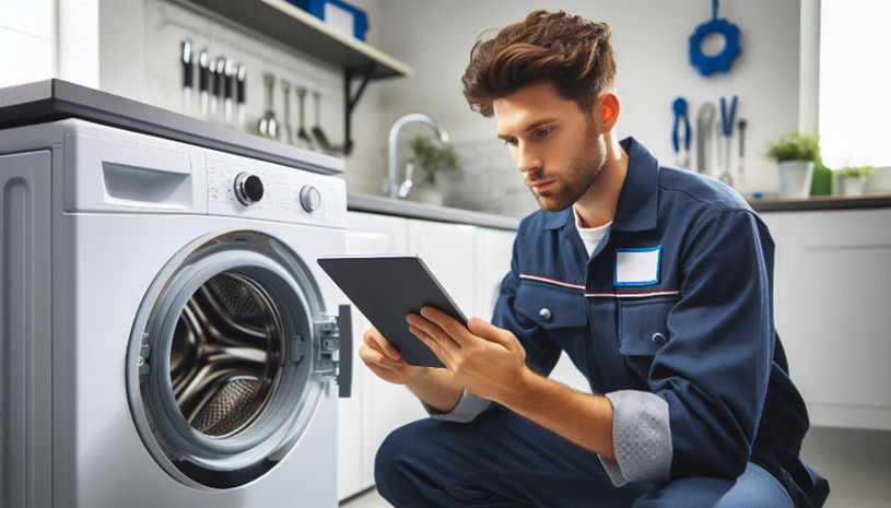 Technician using a tablet with diagnostic tools to fix a washing machine in Surrey.