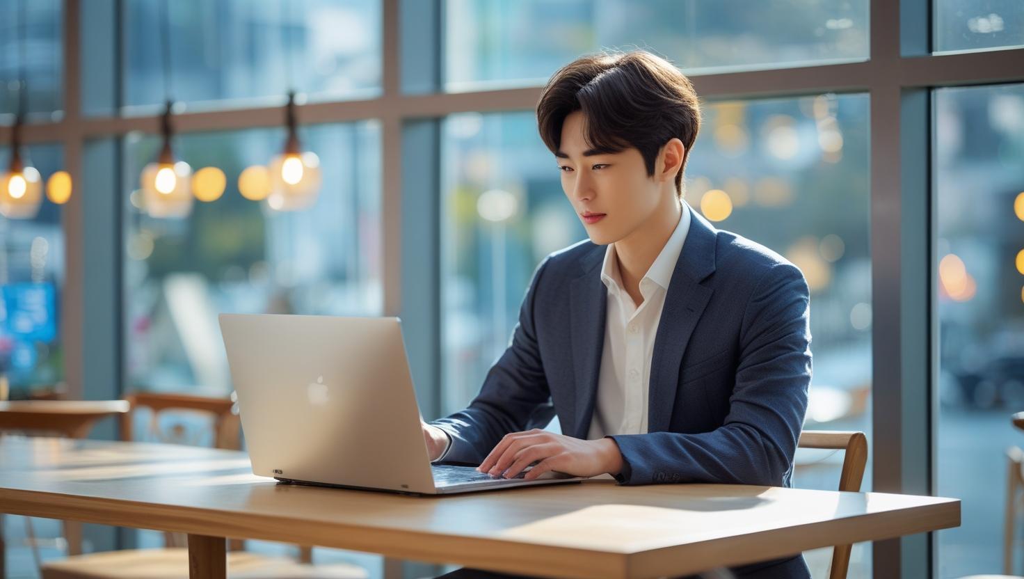 Young Korean professional in café browsing laptop with multiple sites, Seoul night backdrop.
