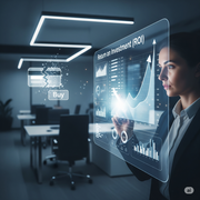 A person in an office setting is touching a transparent digital screen that displays a data dashboard with a prominent "Return on Investment (ROI)" graph
