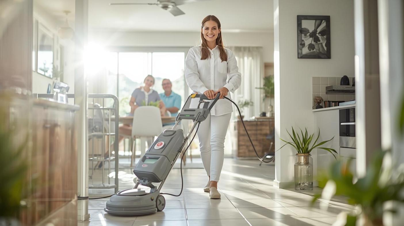 Smiling cleaner using modern equipment on tiles with happy Brisbane homeowners nearby.