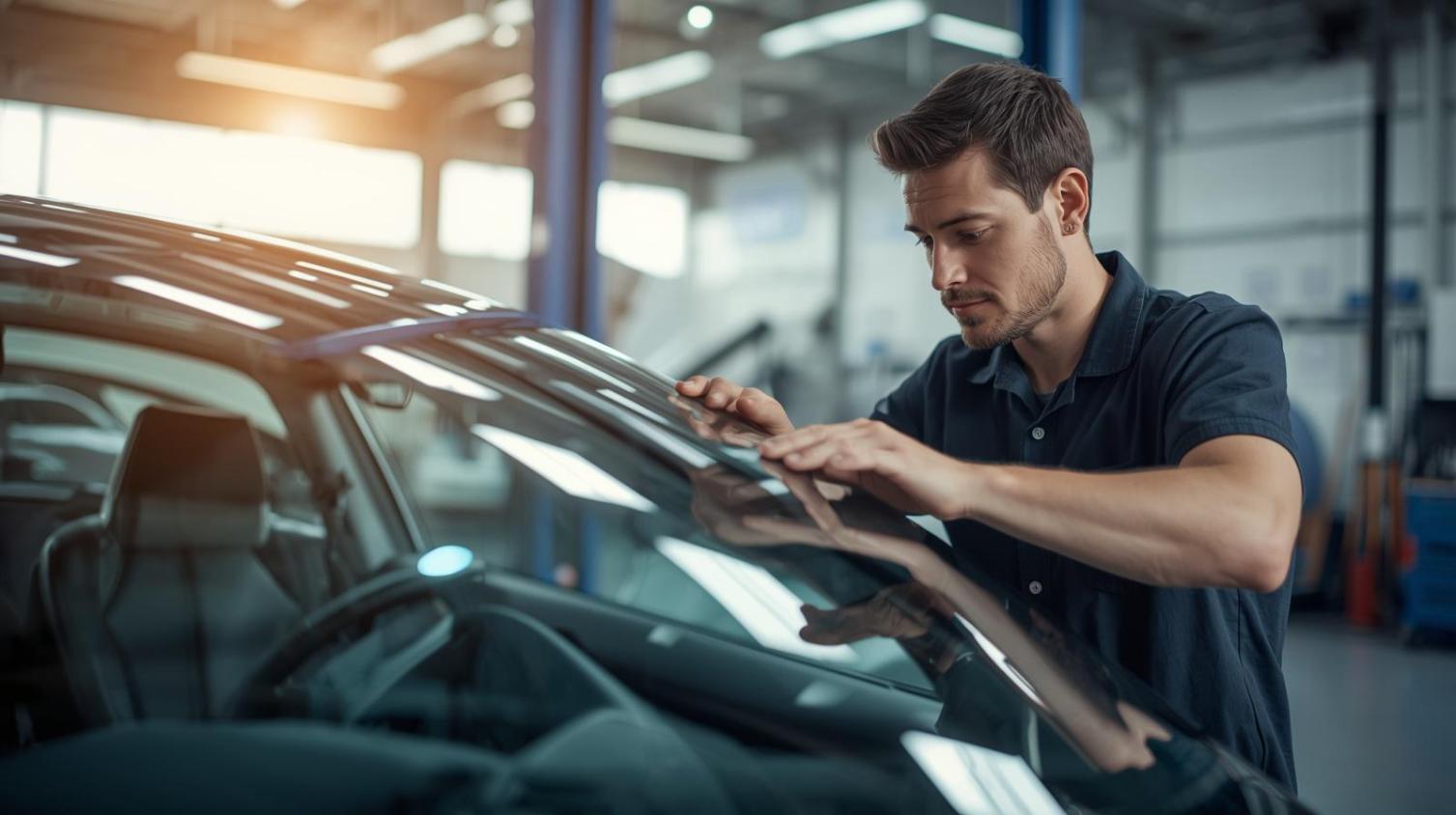 Man installing advanced windshield on electric vehicle with focused precision indoors.