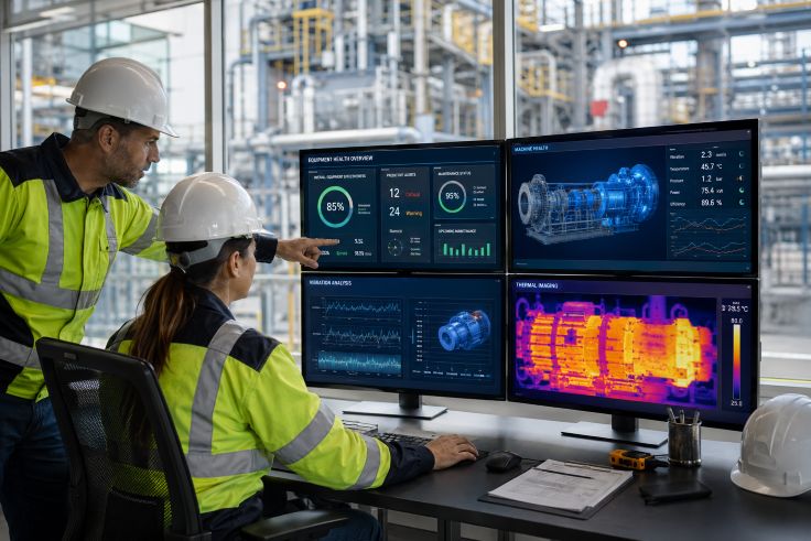 Industrial control room with technicians